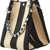 A black and beige striped knit bucket tote bag with silver hardware.