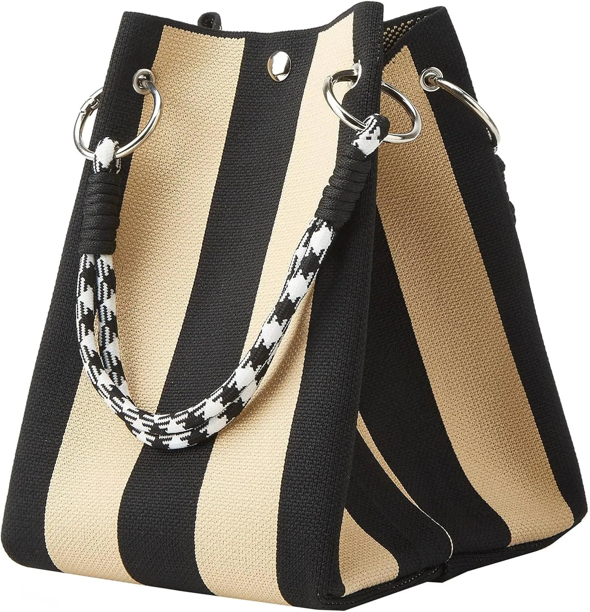A black and beige striped knit bucket tote bag with silver hardware.