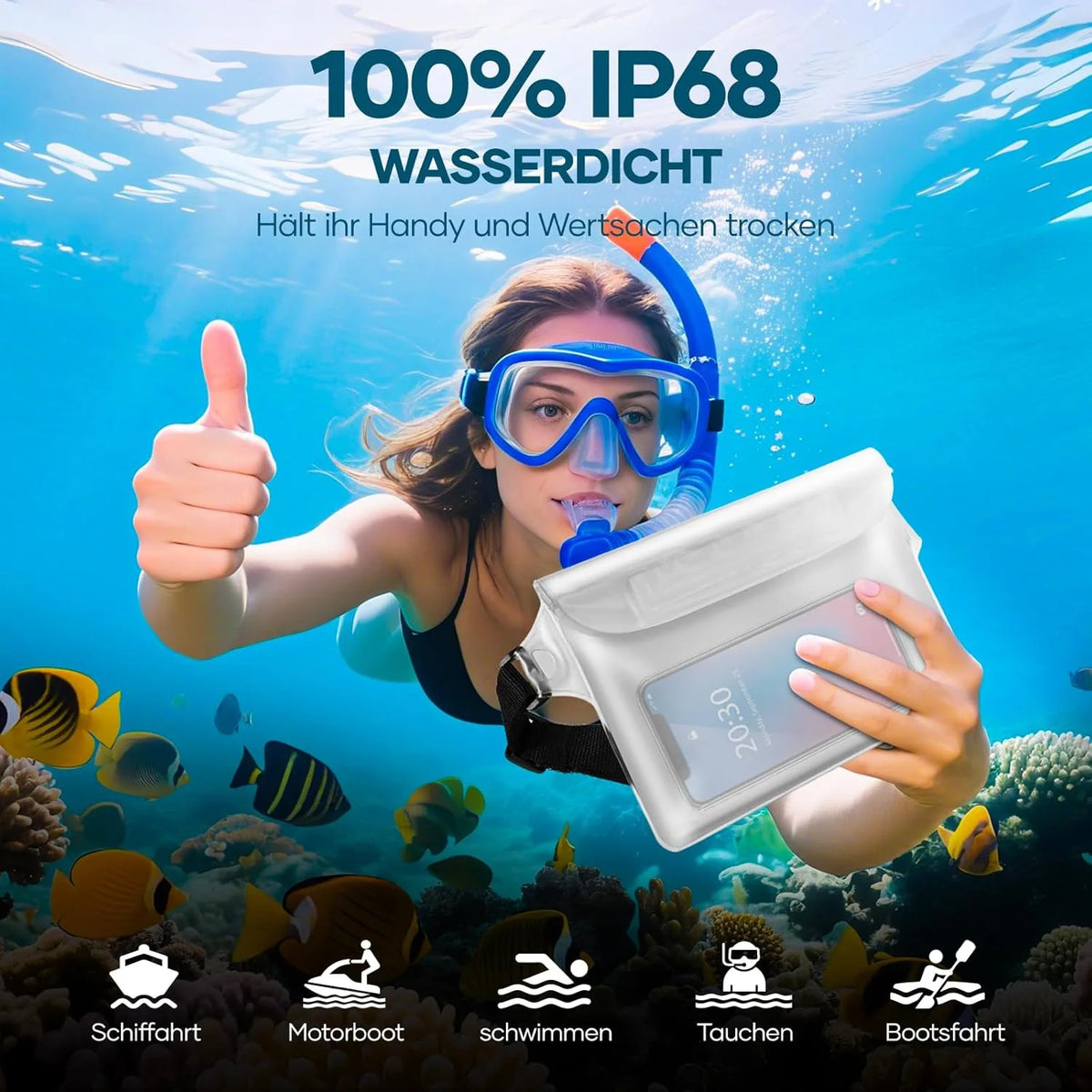 A woman underwater holds a white waterproof pouch for a mobile phone, demonstrating its IP68 water resistance.