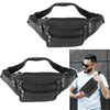 A black genuine leather adjustable waist bag is shown being held by a man.