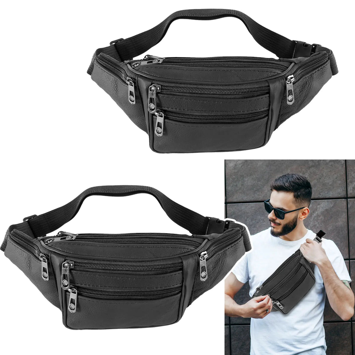 A black genuine leather adjustable waist bag is shown being held by a man.