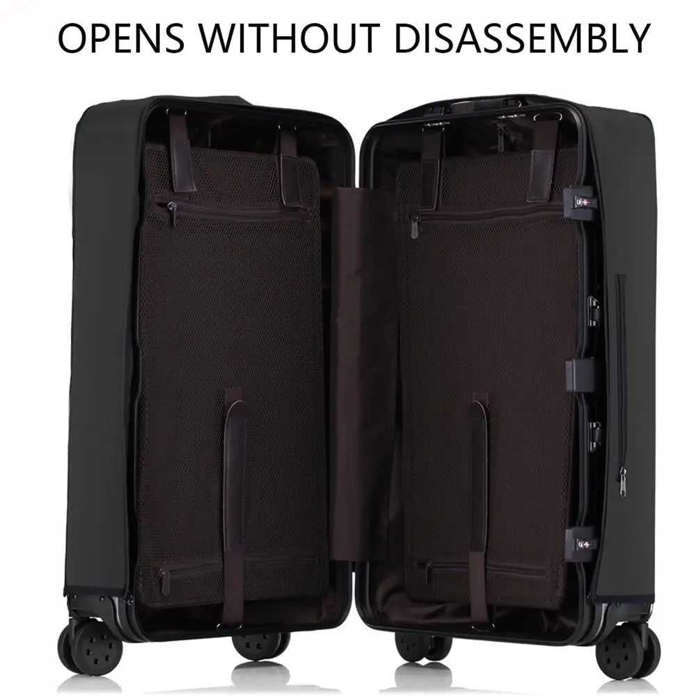 Black waterproof luggage protector cover with wheels, shown open.