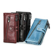 Three genuine leather vintage clutch wallets in maroon, black, and blue stacked together.