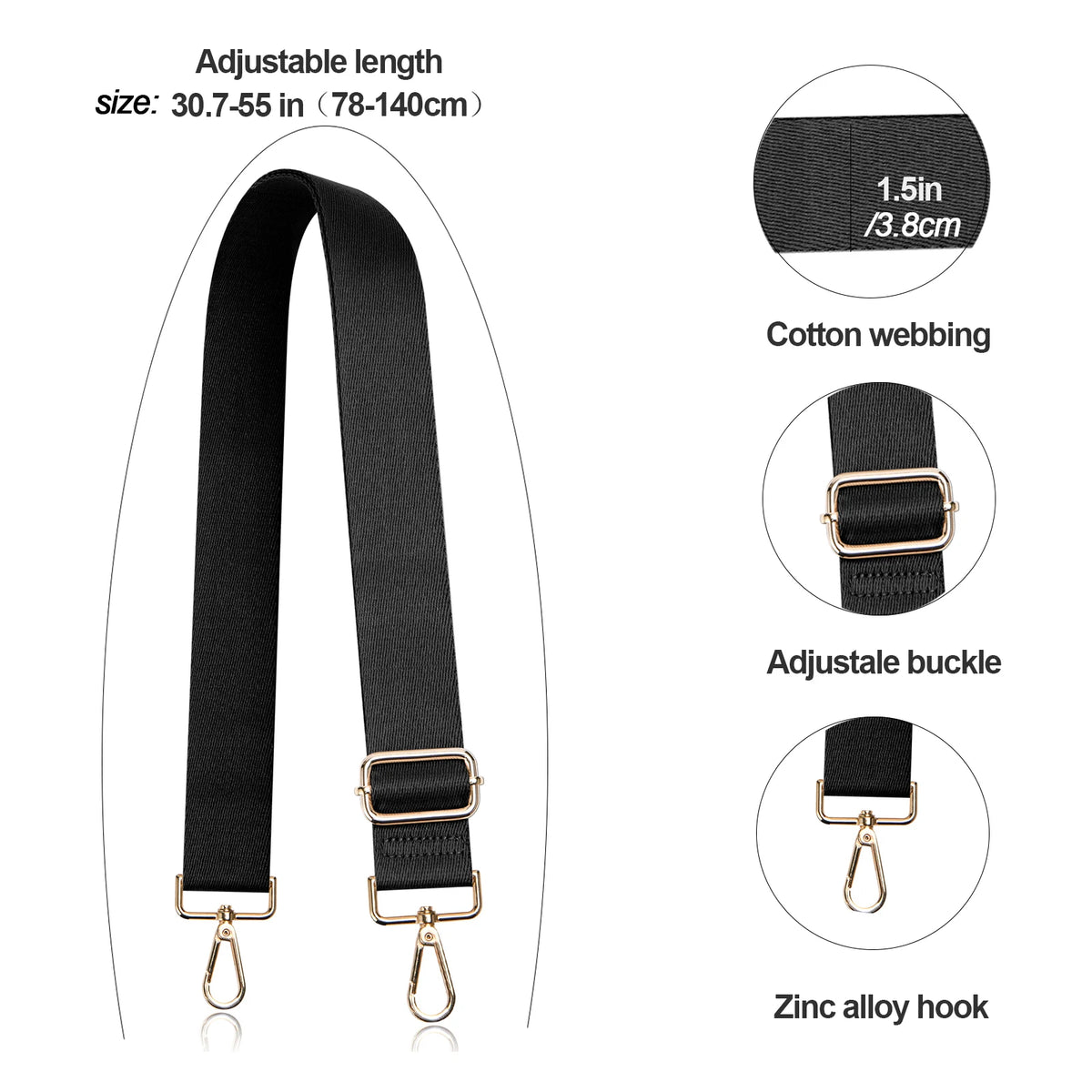 Black adjustable nylon crossbody bag strap with a gold-tone buckle and zinc alloy hook.