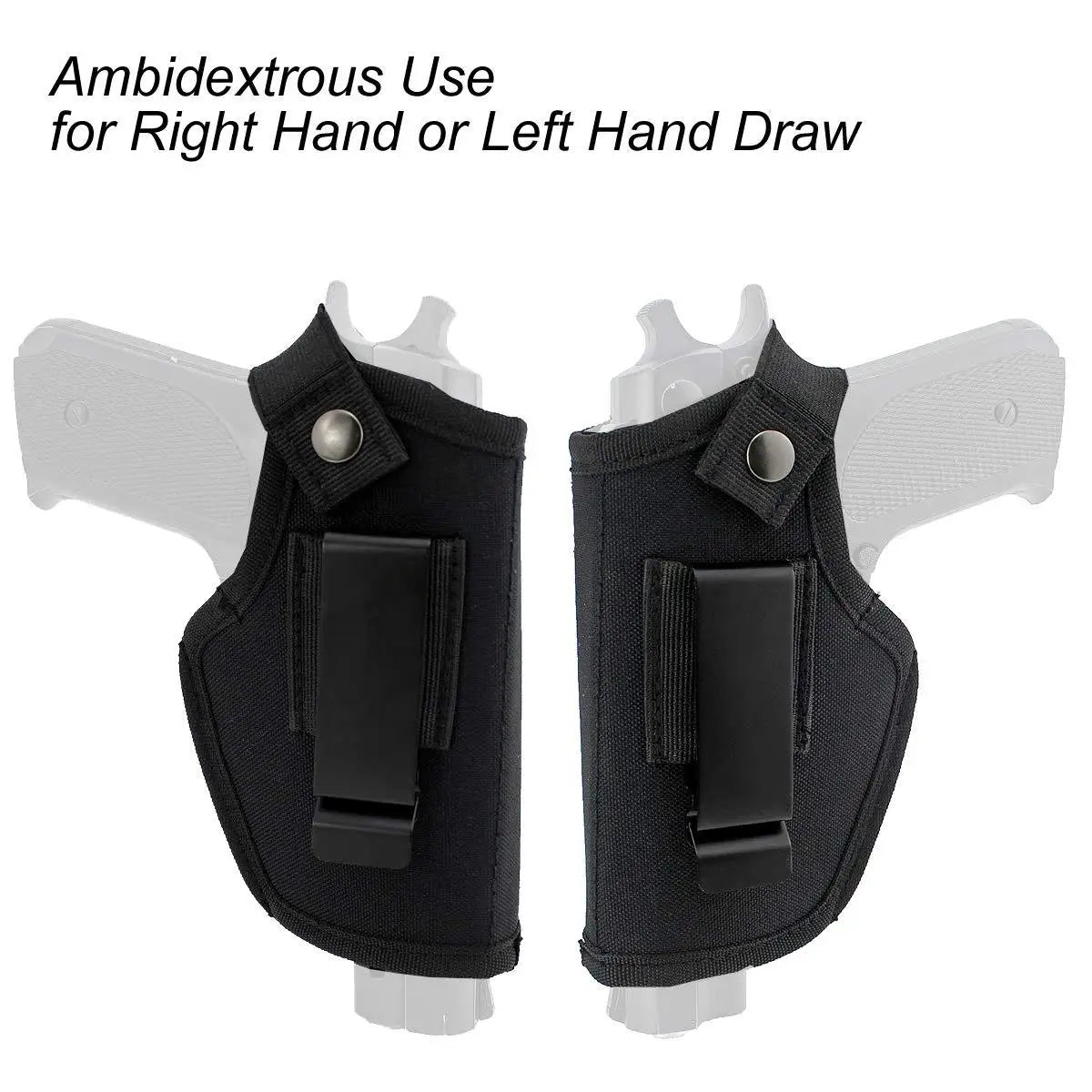 Black ambidextrous holster for a right or left hand, designed for concealed carry.