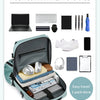 A teal multi compartment storage backpack shown open, displaying various gadgets like a laptop, phone, and accessories.