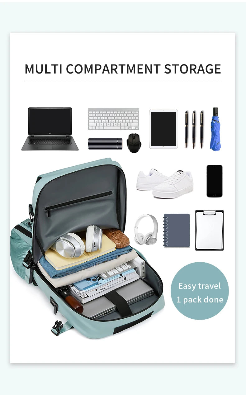 A teal multi compartment storage backpack shown open, displaying various gadgets like a laptop, phone, and accessories.