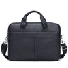 Black genuine leather men's briefcase with padded straps and a flap closure.