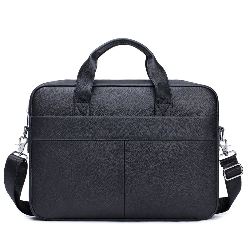 Black genuine leather men's briefcase with padded straps and a flap closure.
