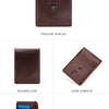 Brown slim genuine leather RFID blocking wallet shown from the front, reverse side, and bottom display.