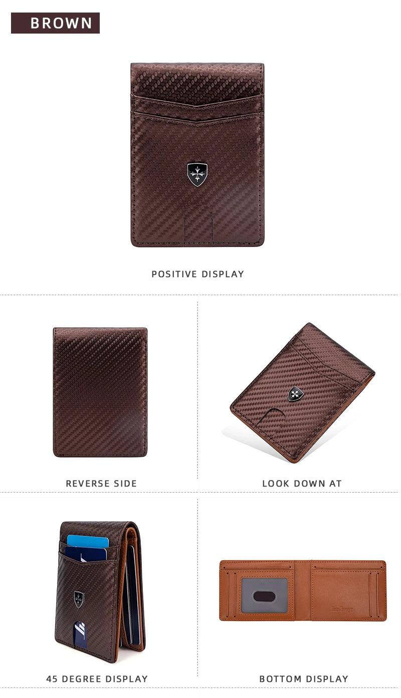 Brown slim genuine leather RFID blocking wallet shown from the front, reverse side, and bottom display.