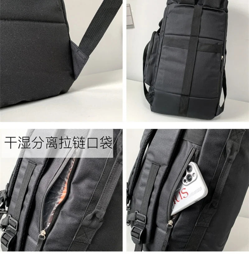 Black waterproof travel gym backpack featuring skateboard straps and a zippered pocket detail.