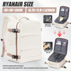 A cream-colored RyanAir size backpack is shown with features for air intake and compression.
