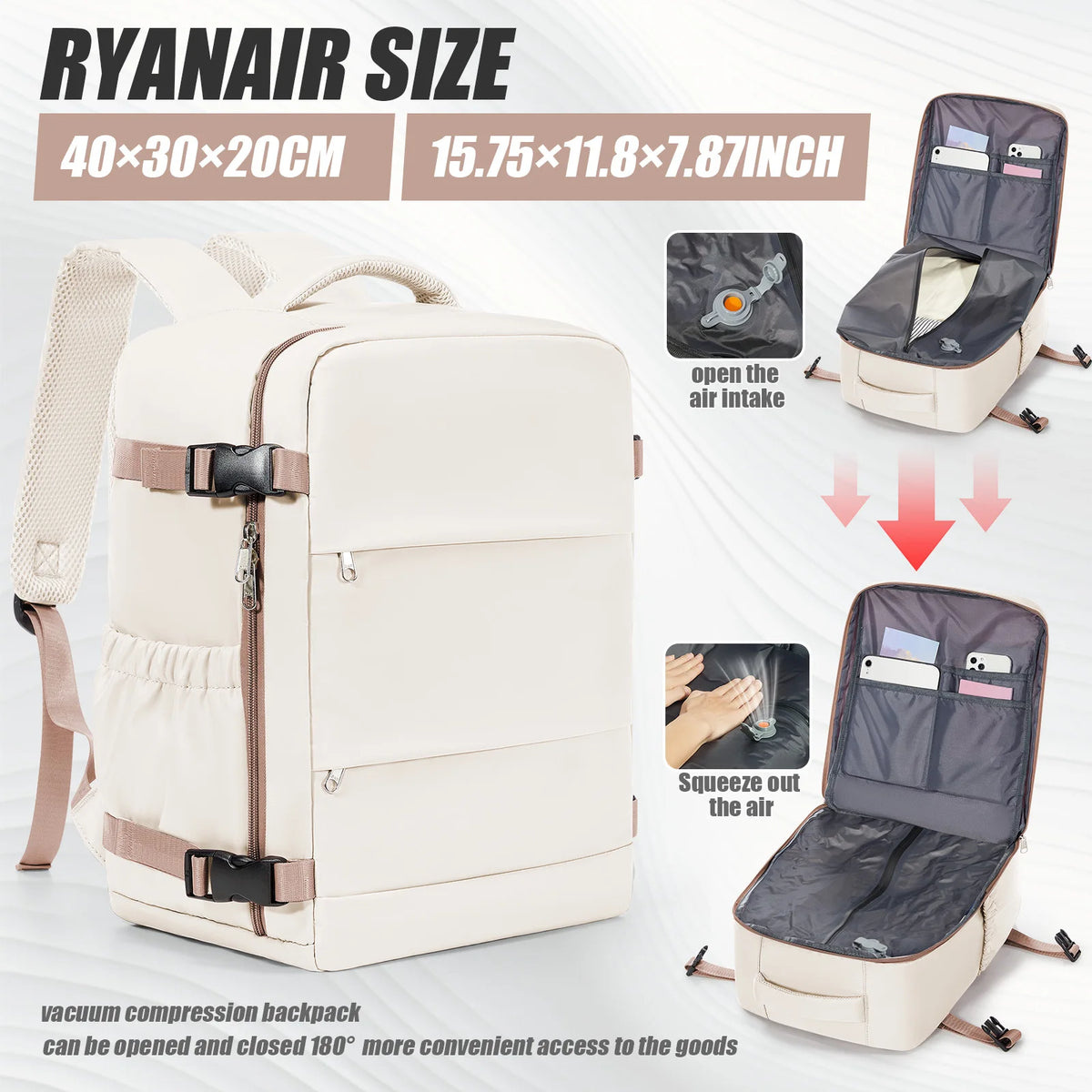 A cream-colored RyanAir size backpack is shown with features for air intake and compression.