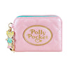 Portefeuille à pièces rose matelassé pour femmes avec un ovale doré affichant le texte Polly Pocket