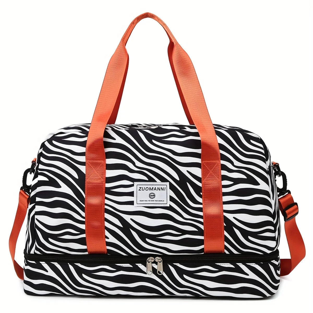 An orange nylon travel duffle bag with a black and white zebra stripe pattern.