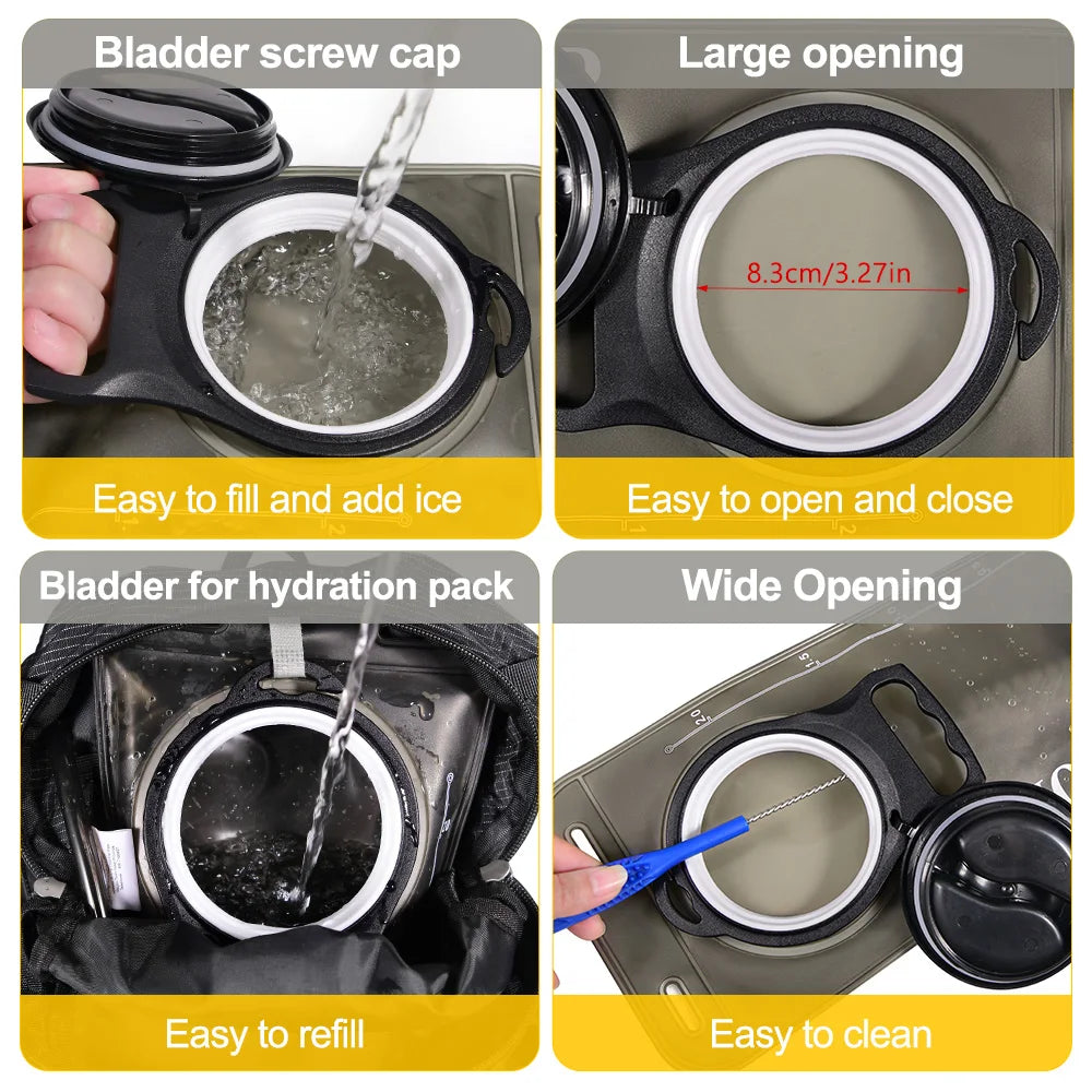 Various views of a reusable insulated water bladder hydration bottle showing easy filling, opening, and cleaning features.