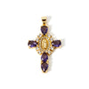 18K gold plated cross and Virgin Mary charm pendant featuring purple stones and cubic zirconia.