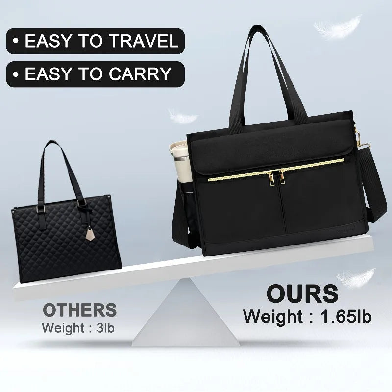 A black insulated laptop lunch tote is shown on a scale, highlighting its lightweight design.