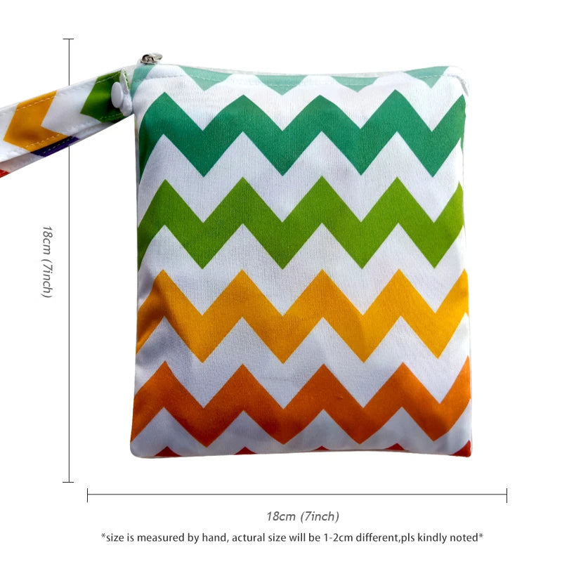 A reusable waterproof snack bag featuring a white background with a green and yellow chevron pattern.