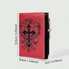 A red leather wallet featuring a black gothic cross pattern and a zippered coin pocket.