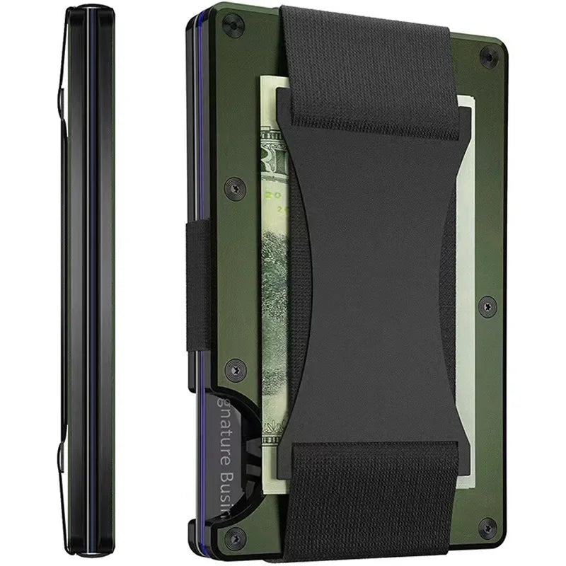 A slim metal RFID protection card holder wallet with a black strap and green casing.