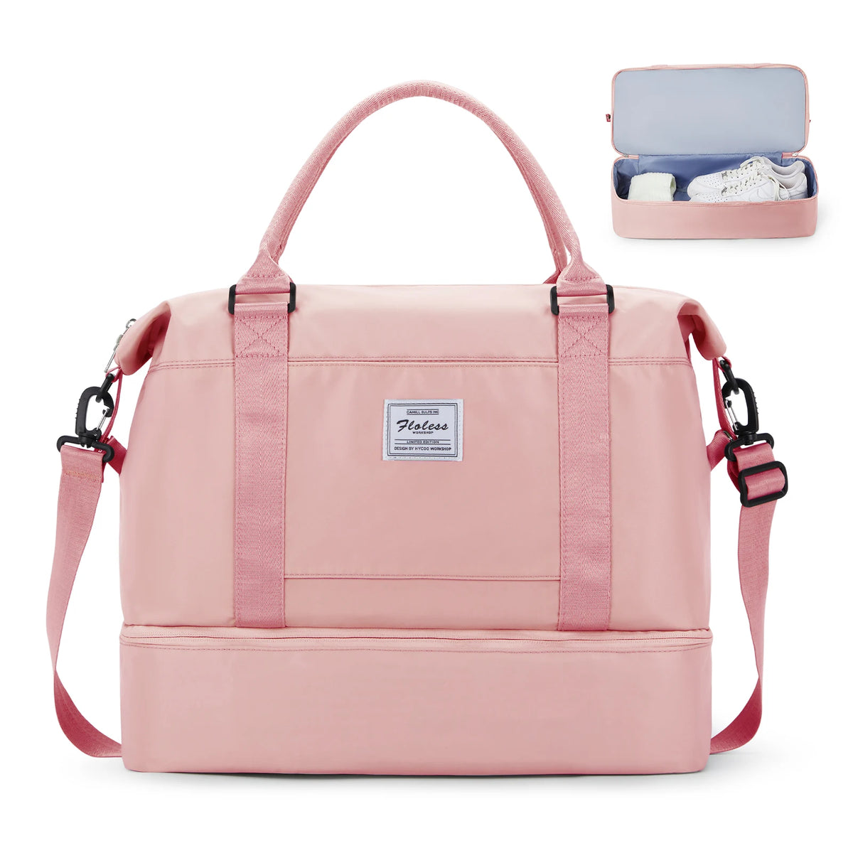 Maleta de viaje grande y rosa con asa y compartimento interior para zapatos.