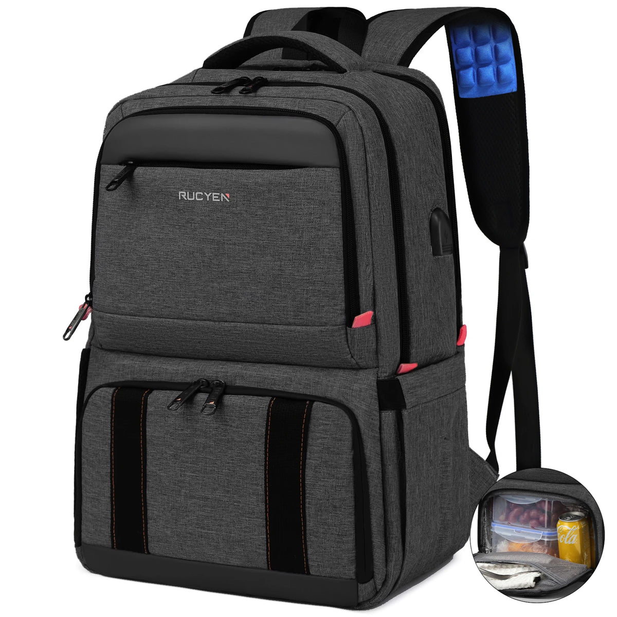 A gray insulated lunch and picnic backpack with a black strap and an open compartment.