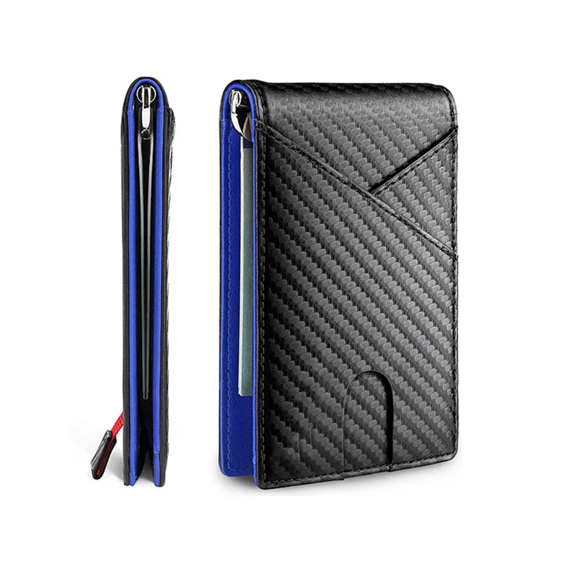 Portefeuille à deux plis mince en fibre de carbone noire pour homme, vu en position verticale et pliée