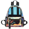 A clear PVC backpack with a blue and black striped design featuring a metallic gold front pocket.