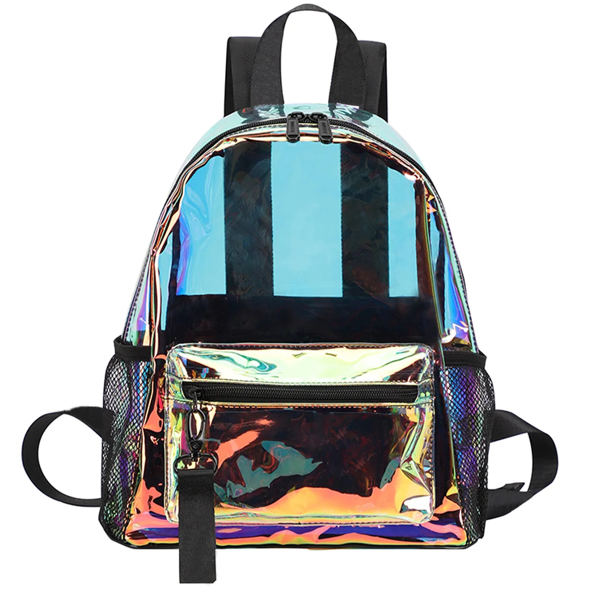 A clear PVC backpack with a blue and black striped design featuring a metallic gold front pocket.