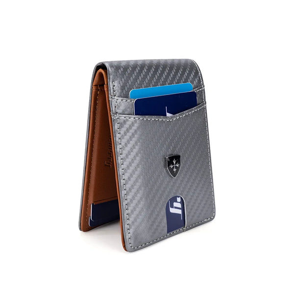 A gray patterned leather wallet with a blue money clip and a dark brown card slot.