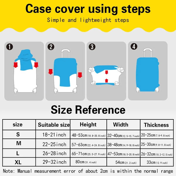 A four-step guide showing how to use a case cover for luggage, including size reference tables.