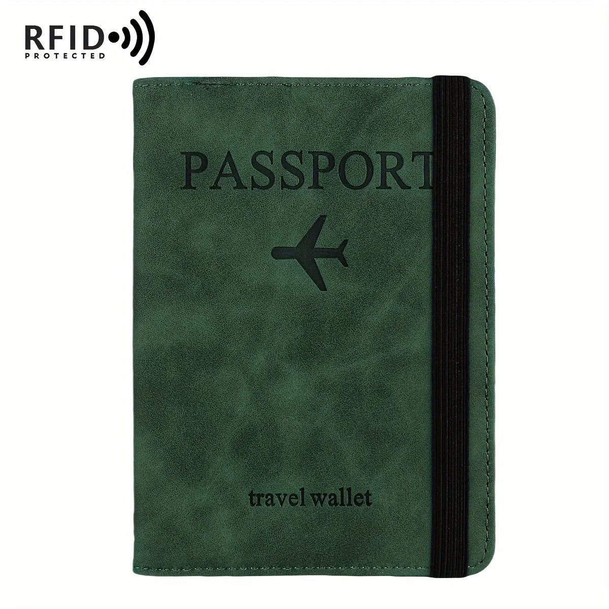 A dark green leather passport holder with a black trim and a small airplane icon.