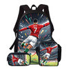 A black backpack featuring a football player in a red jersey celebrating, with two separate lunch bags visible.