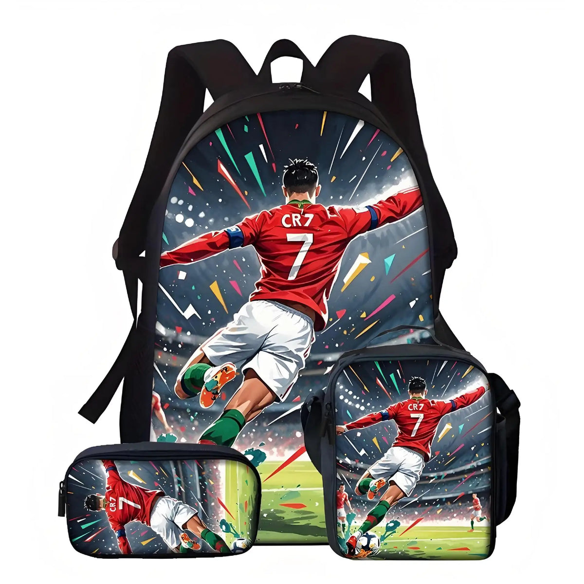 A black backpack featuring a football player in a red jersey celebrating, with two separate lunch bags visible.