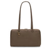 A brown leopard print nylon shoulder tote bag with a long handle.