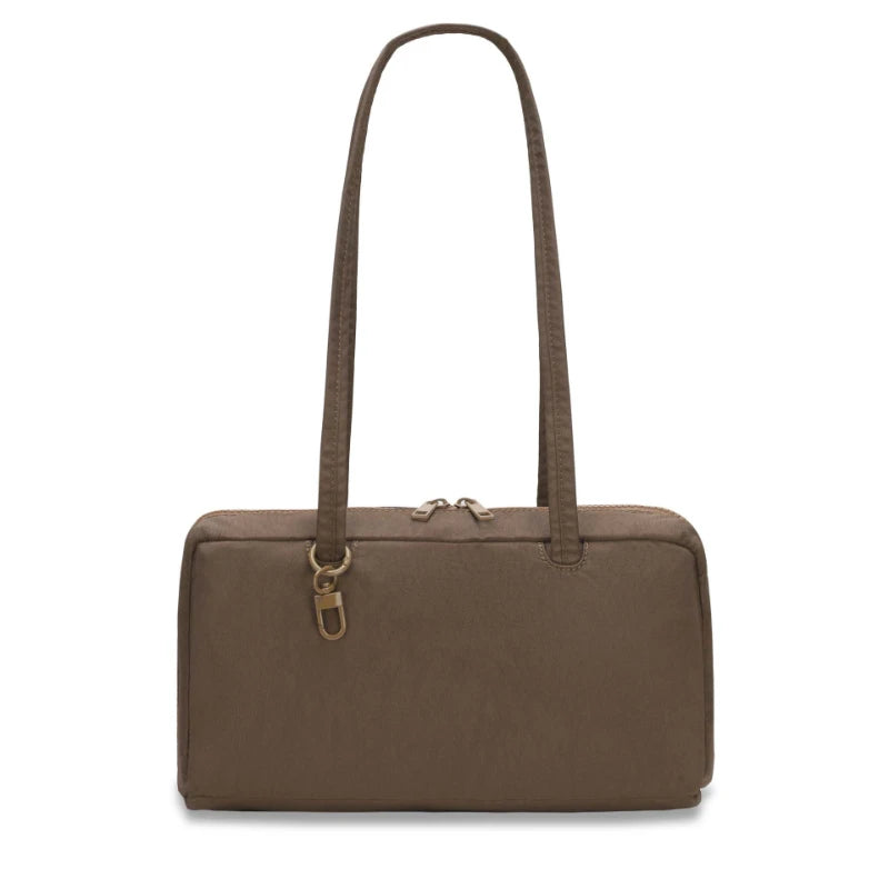 A brown leopard print nylon shoulder tote bag with a long handle.
