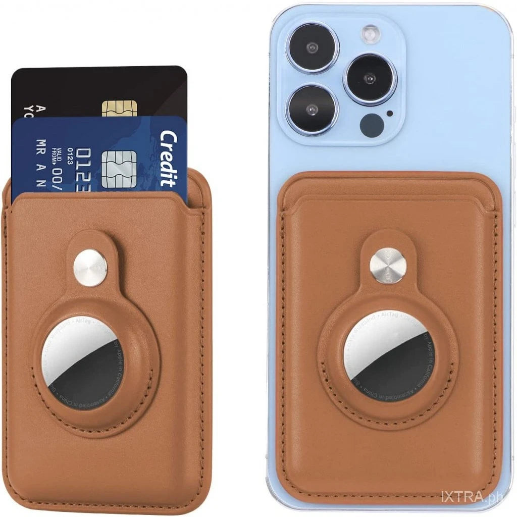A brown MagSafe card wallet with a built-in pocket for an AirTag, shown next to an iPhone.