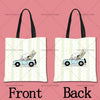 A light green and white striped tote bag featuring a cartoon illustration of a white dog in a blue convertible.
