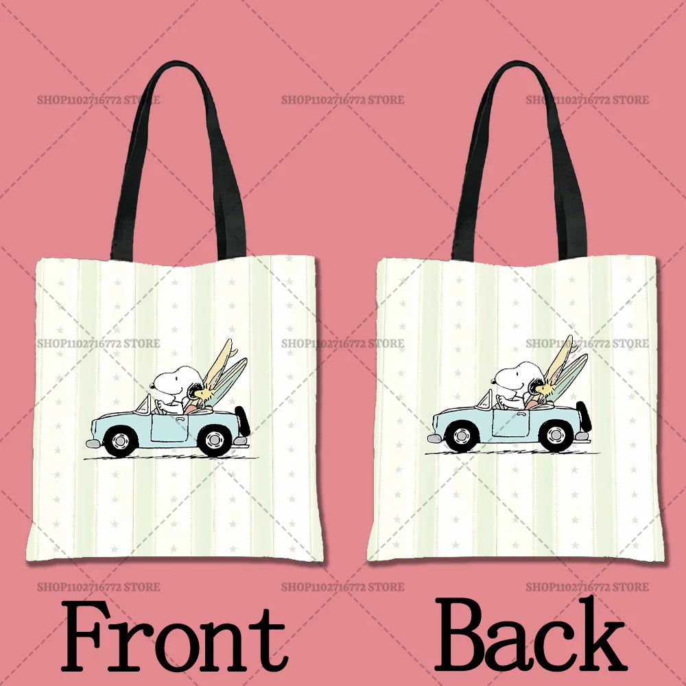 A light green and white striped tote bag featuring a cartoon illustration of a white dog in a blue convertible.
