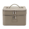 A beige double-layer makeup storage case with a handle and silver zippers.