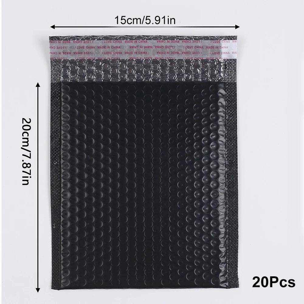 A package of 20 black bubble mailers with self-seal closure.