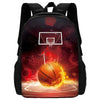 A black sports backpack featuring a graphic of a basketball glowing with orange light against a dark, starry background.