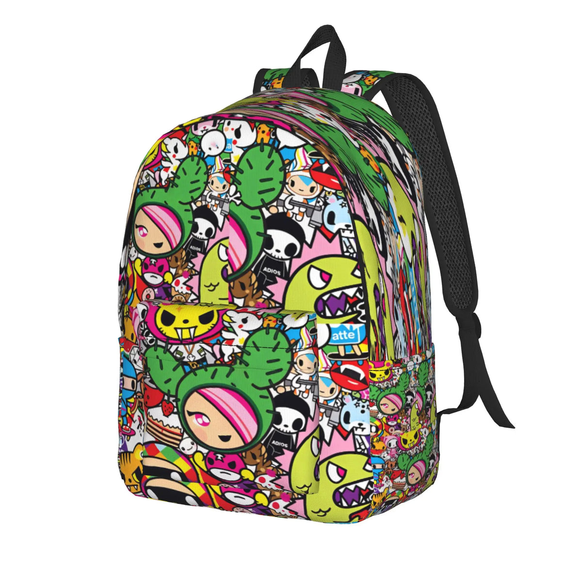 A colorful, patterned sport backpack featuring various cartoon characters and vibrant colors.