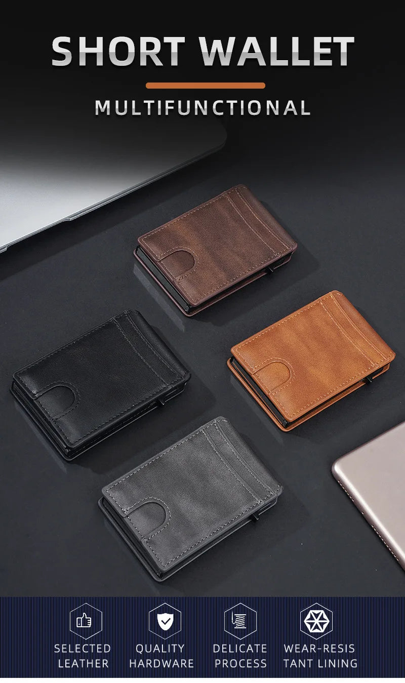 A collection of brown and black multi-functional leather wallets shown on a dark surface.