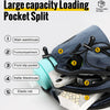 A dark blue sports fanny pack is shown open, displaying various compartments including a main warehouse, front compartment, k
