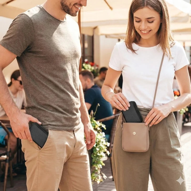 A smiling couple stands together, showing a minimalist card wallet with a zipper pouch.