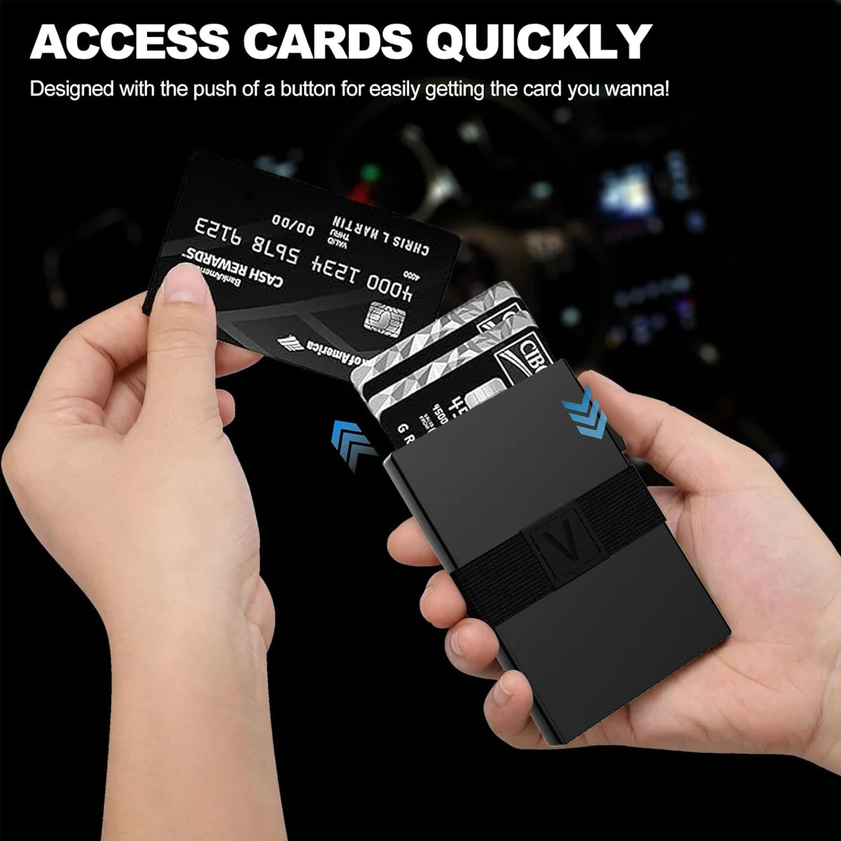 A hand is holding a black access card and a minimalist metal card holder with an expandable backplate.
