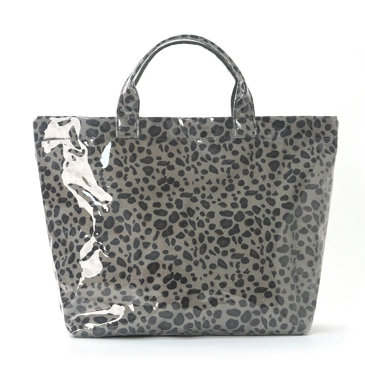 A gray tote bag with a leopard print pattern and white paint splashes.